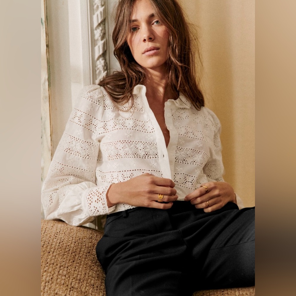 Sezane Cassy Blouse Cream Lace Embroidered Sz 38 8